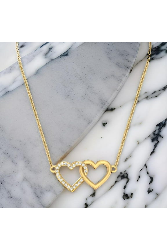 925 Silver Pave Double Heart Necklace,14K Gold Plated Double Heart Necklace,Double Heart Necklace, Valantine Gift Girlfrined,Handmade Gift