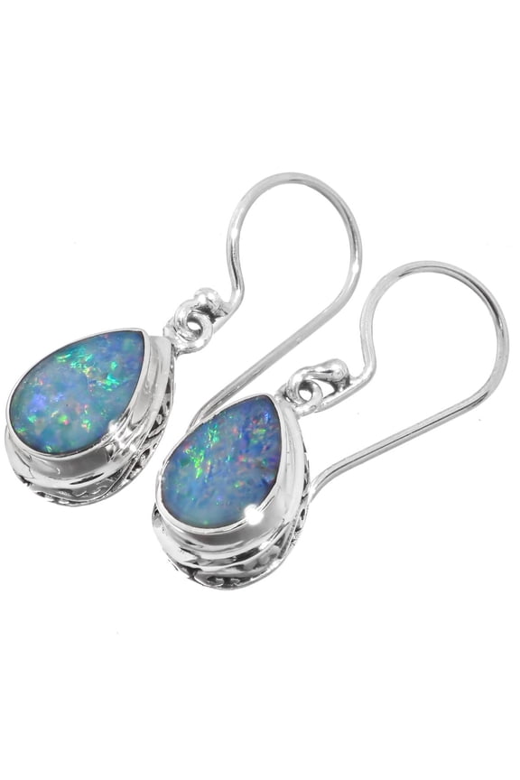 925 Silver Pear Natural Australian Opal Filigree Pear Teardrop Earrings, 1/2"