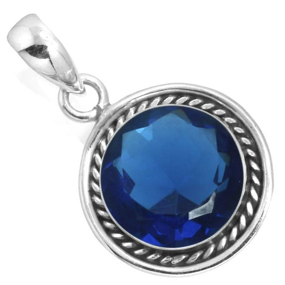 Blue Sapphire Simulated Pendant 925 Sterling Silver Handmade Jewelry