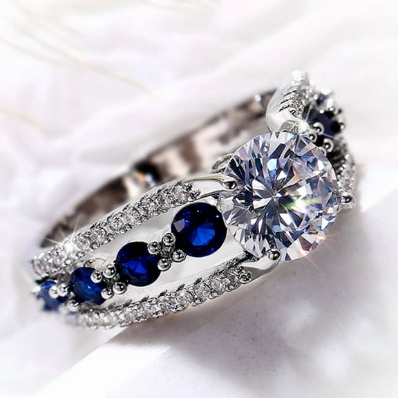 925 Silver Plated 1.2 ctw Handmade Birthstone Sapphire Simulate Diamond Channel Wedding Band Ring for Women Crystal  Cocktail Eternity Engagement Rings for Women's