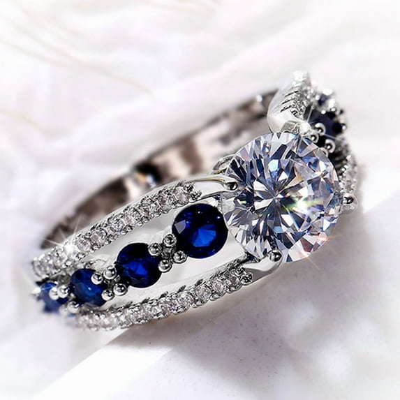 925 Silver Plated 1.2 ctw Handmade Birthstone Sapphire Simulate Diamond Channel Wedding Band Ring for Women Crystal Cocktail Eternity Engagement Rings for Women's