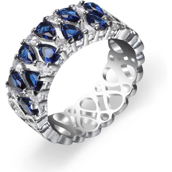 925 Silver Plated Blue and White Cubic Zirconia Double Row Eternity Band for Women Pear Shape Teardrop Shape Solitaire AAA CZ Sapphire Engagement Promise Wedding Ring For Women