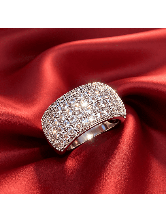 925 Silver Plated Multi-Stone Cubic Zirconia Promise Wedding Band Engagement Ring for Women's Round Cut CZ Simulated Diamond Pave Eternity Statement Rings for Women Gift Size 6-10(7#)