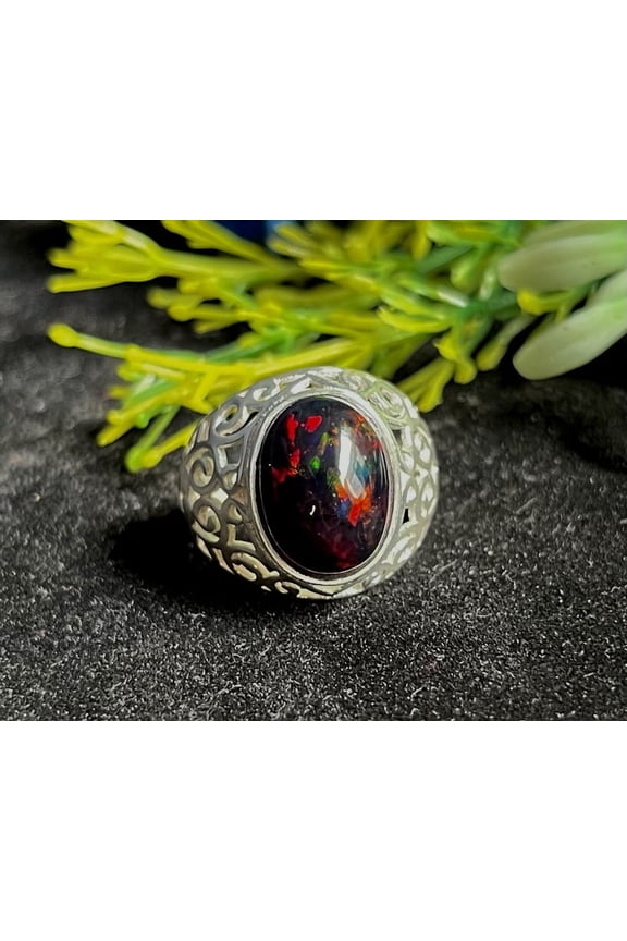 925 Silver Plated Natural Black Smoked Galaxy Fire Opal Loose Jewelry Ring Women Wedding Gift Ring Certified Ring