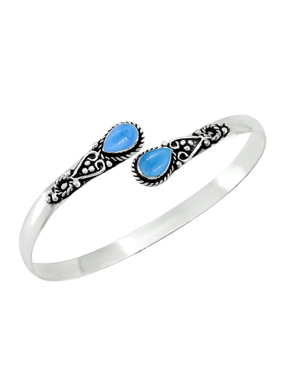 925 Silver Plated Natural Chalcedony Cuff Bracelet for Women - Blue Stone March Birthstone Adjustable Open Bangle Handmade Jewelry - Gift for Birthday Christmas Wedding
