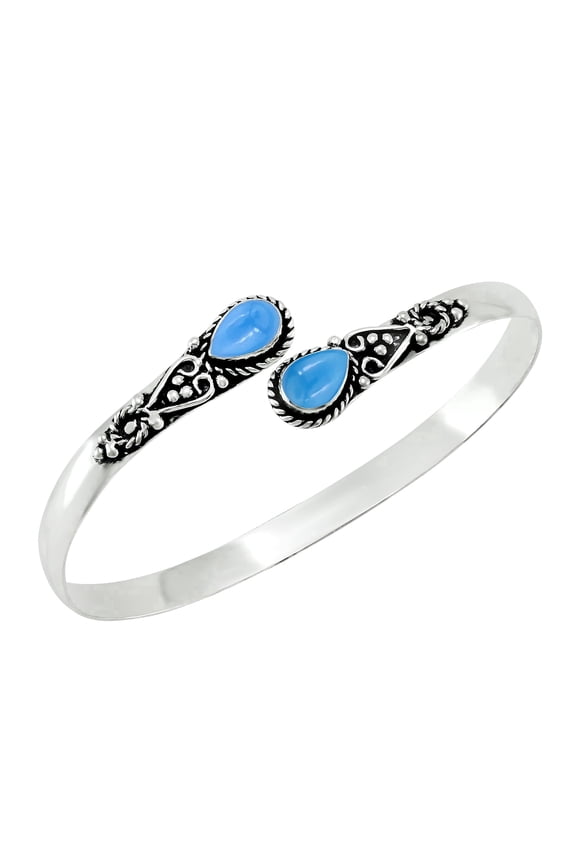 925 Silver Plated Natural Chalcedony Cuff Bracelet for Women - Blue Stone March Birthstone Adjustable Open Bangle Handmade Jewelry - Gift for Birthday Christmas Wedding
