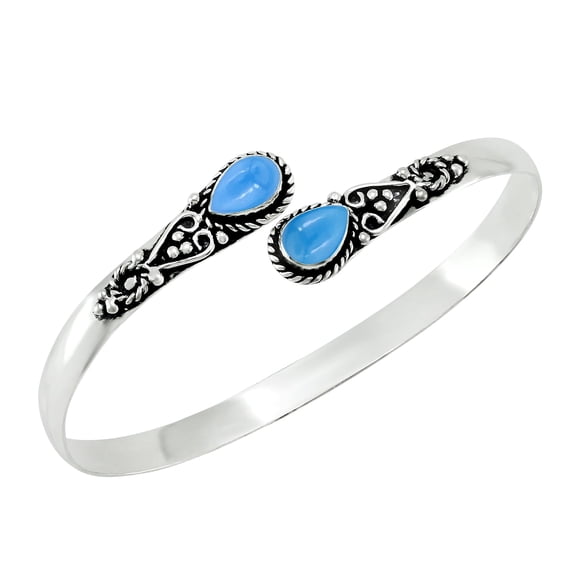 925 Silver Plated Natural Chalcedony Cuff Bracelet for Women - Blue Stone March Birthstone Adjustable Open Bangle Handmade Jewelry - Gift for Birthday Christmas Wedding