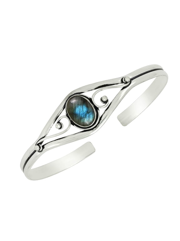 925 Silver Plated Natural Labradorite Cuff Bangle Bracelet for Women – Handmade Open Bangle – Green Blue Fire Gemstone Statement Jewelry – Gift for Her