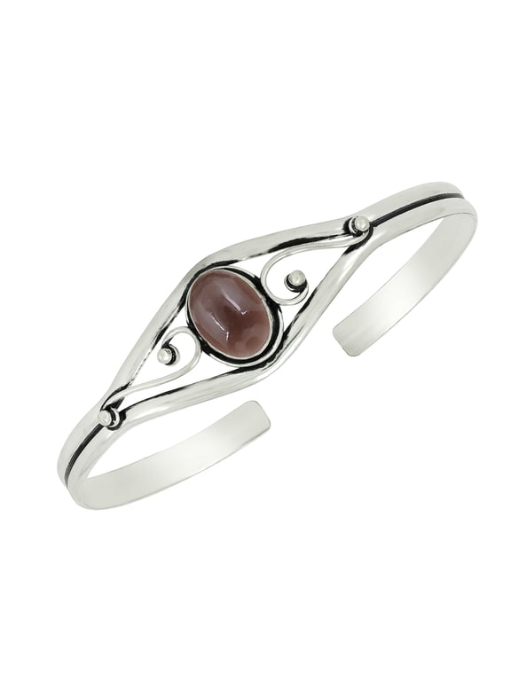 925 Silver Plated Natural Smoky Quartz Cuff Bangle Bracelet for Women – Handmade Open Bangle – Brown Gemstone June Birthstone Statement Jewelry – Gift for Her