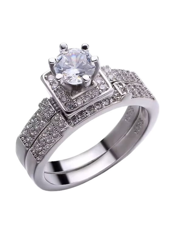 925 Silver Plated Ring set with sparkle Cubic Zirconia Vintage Style 2pc Set-Size 8
