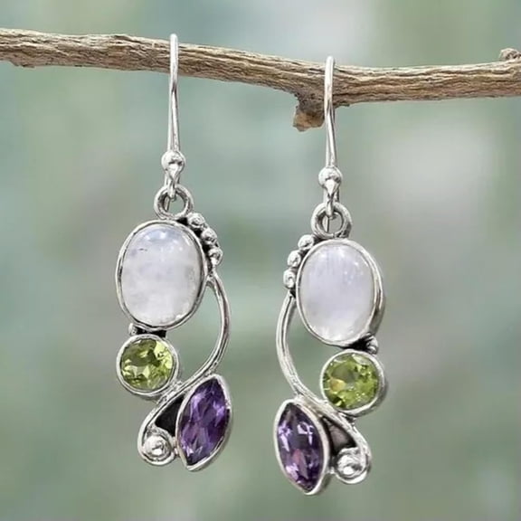 925 Silver Professional Grade Dangle Drop Earrings Ear Hook Moonstone Women Fashion Jewelry-Silver[h574]