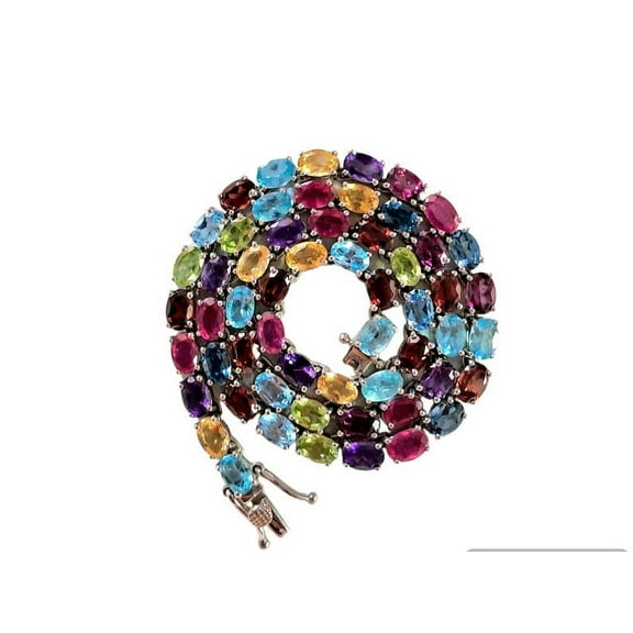 925 Silver Purple Amethyst, Blue Topaz, Citrine, Garnet Oval Shape Tennis Necklace 14k gold plated Over Sterling Silver, Birthday Gift, Anniversary Gift
