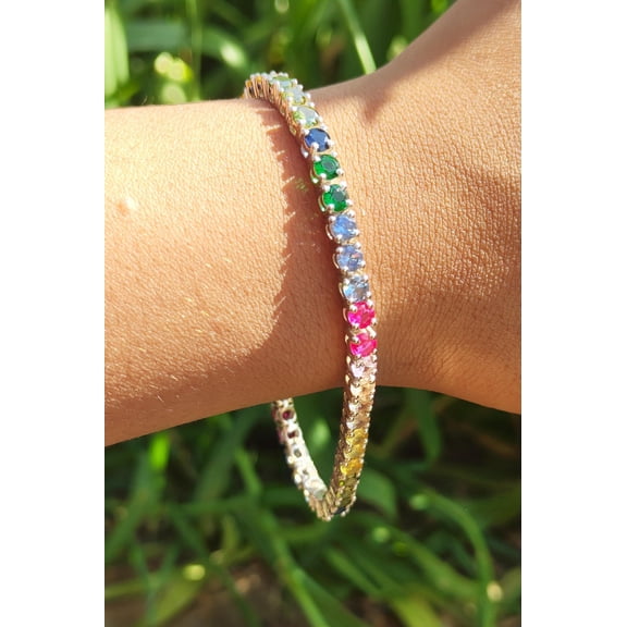 925 Silver Rainbow Lab Sapphire Tennis Bracelet,Silver rainbow sapphire tennis bracelet,Ombre Bracelet For Women Valentine Gift For Her