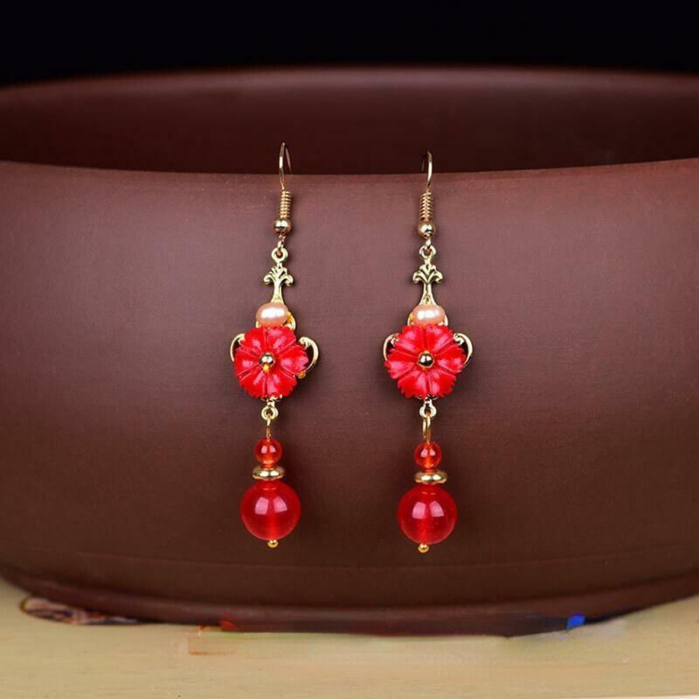 JONJUMP 925 Silver Red Jade Flower Earrings Jewelry Drop Fashion Amulet Natural Women