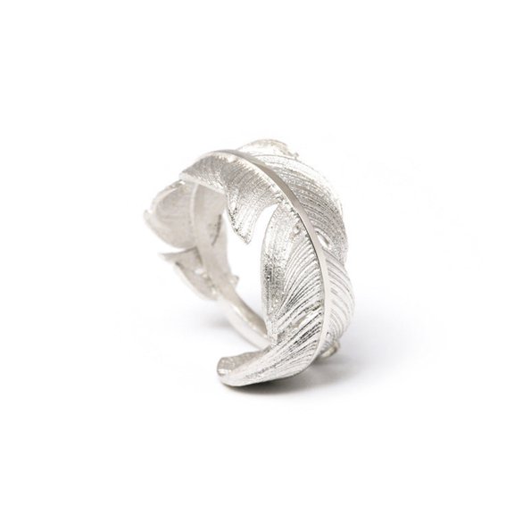 925 Silver Ring Female Feather Ring Simulation Feather Texture Adjustable Ring