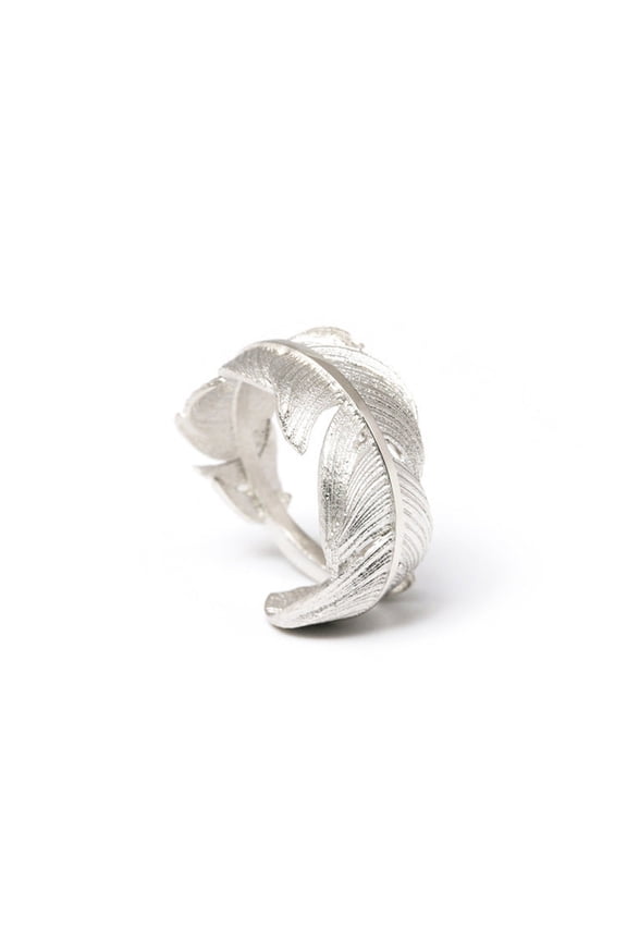 925 Silver Ring Female Feather Ring Simulation Feather Texture Adjustable Ring
