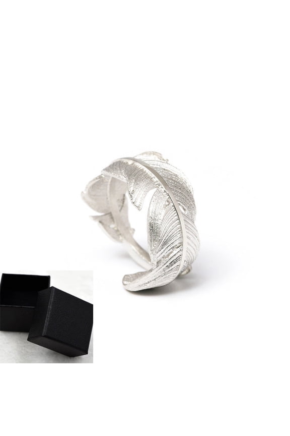 925 Silver Ring Female Feather Ring Simulation Feather Texture Adjustable Ring