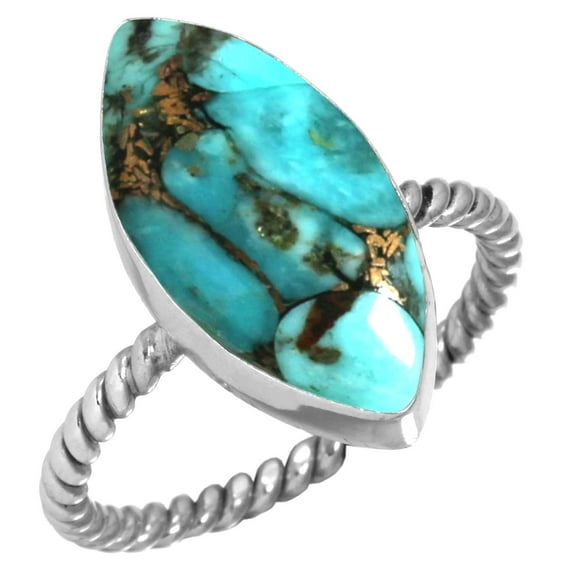 925 Sterling Silver Women Jewelry Copper Blue Turquoise Ring