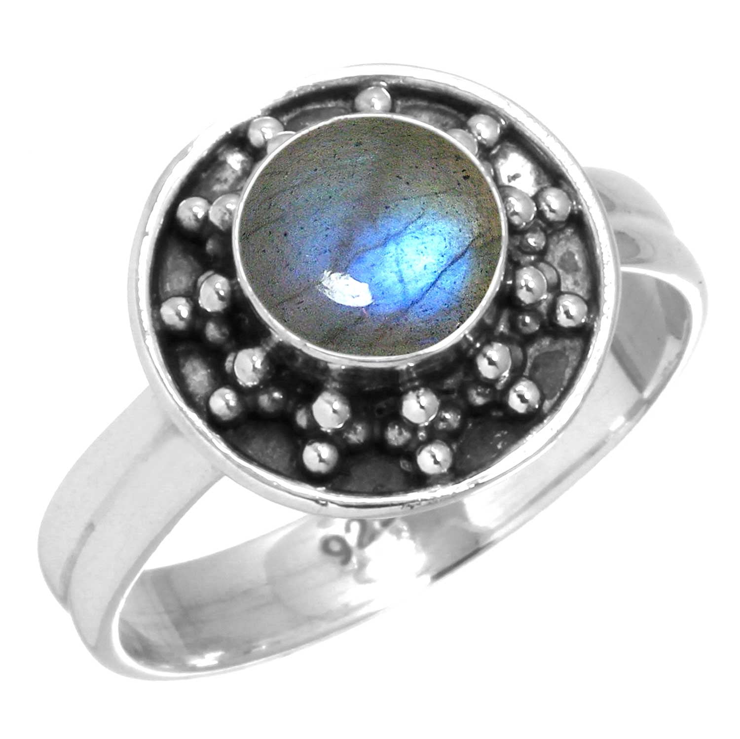 925 Sterling Silver Black Onyx & Labradorite Bubble Ring For Women | Round Gemstone, Handmade, Size 5mm