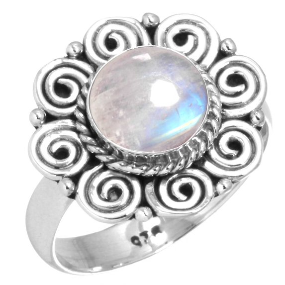 925 Sterling Silver Women Jewelry Natural Rainbow Moonstone Ring