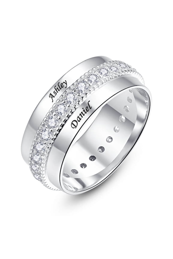 925 Silver Rings for Women Engraved Names with Channel Set Round Cut Two Laps of Simulated Diamond Design Couple Infinity Promise Rings
