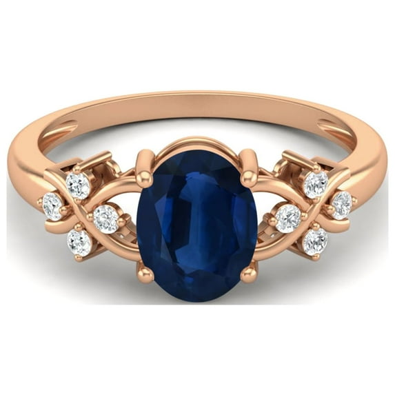 925 Silver Rose Plated 8X6 MM Oval Shape Blue Sapphire Women Valentines Day Gifts Ring