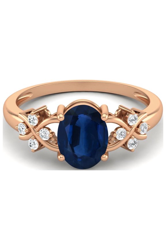 925 Silver Rose Plated 8X6 MM Oval Shape Blue Sapphire Women Mother's Day Gift Ring