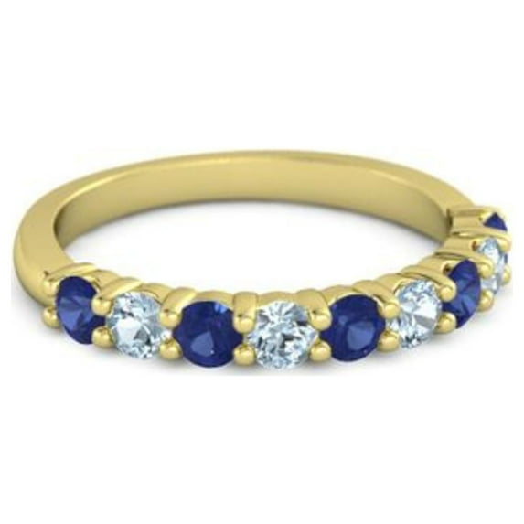 925 Silver Round 2.5MM Blue Sapphire Aquamarine Eternity Yellow Plated Ring