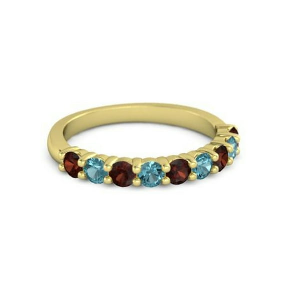 925 Silver Round 2.5MM Garnet London Blue Topaz Eternity Yellow Plated Ring