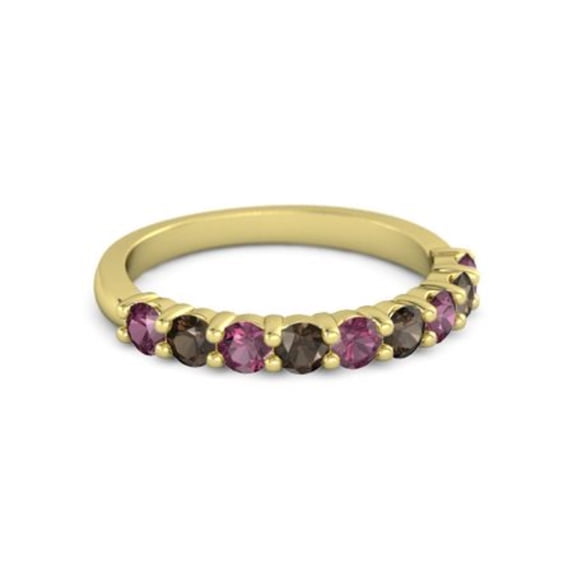 925 Silver Round 2.5MM Rhodolite Smoky Quartz Eternity Yellow Plated Ring