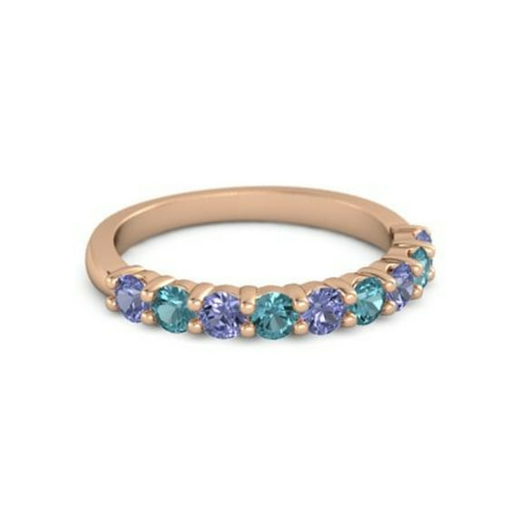 925 Silver Round 2.5MM Tanzanite London Blue Topaz Eternity Rose Plated Ring