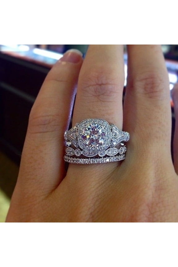 925 Silver Round Cut AAA CZ Diamond Bride Engagement Wedding Rings Set