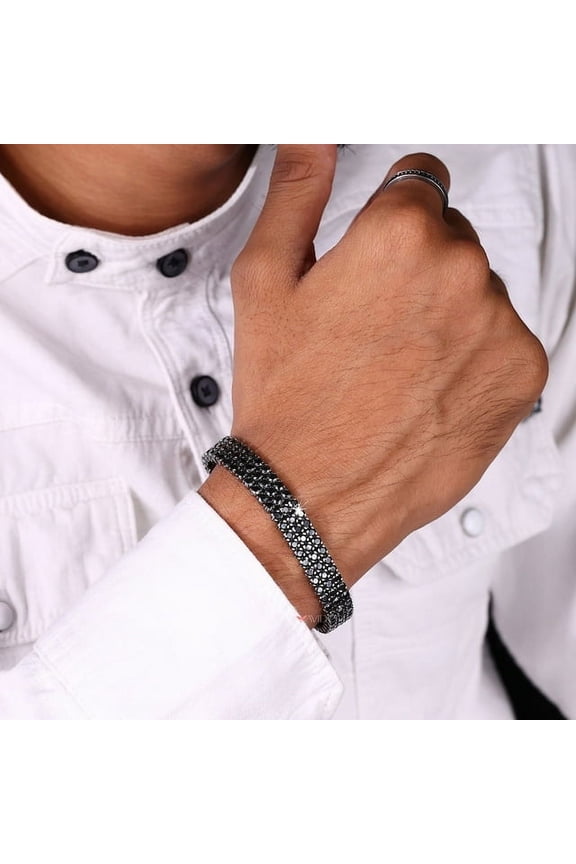 925 Silver Round Cut Black CZ Onyx Bracelet, Three Row Eternity Bracelet, Men's Tennis Bracelet, Gift For Him/Dad, Black Rhodium on Silver Bracelet