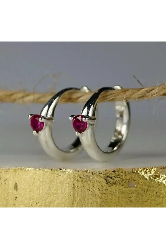 925 Silver Round Cut Simulated Pink Ruby Hoop Earrings In 14k White Gold Plated