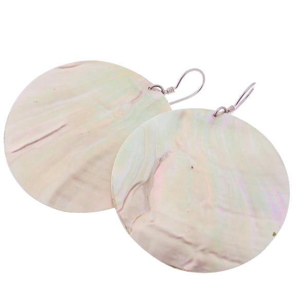 925 Silver Round Genuine Irridescent Silver-tone Nautilus Shell Earrings, 2"