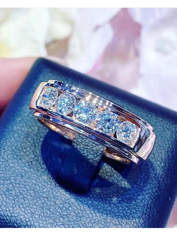 925 Silver Round Men's 5-Stone Lab Created Diamond Wedding Band Ring 2 .00 Ct