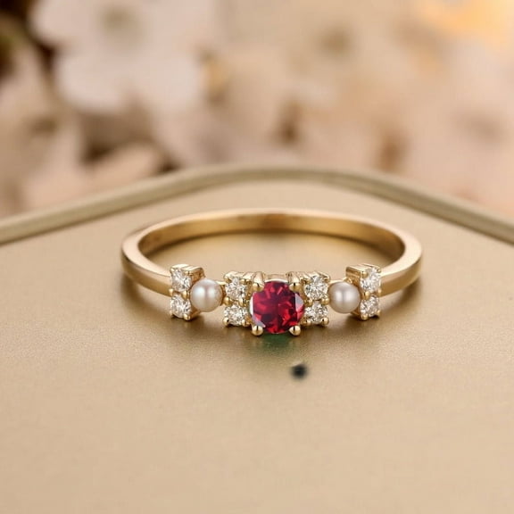 925 Silver Ruby Engagement Ring With 14K gold plating,Natural Pearl Diamond Ring,Art Deco Wedding Band,3 Stone Unique Women Bridal Promise Ring,Rose gold ring