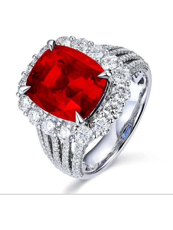 925 Silver Sapphire Ruby Red Emerald Green Stone Women Ring Gemstone Birthstone Halo Statement Engagement Ring Cubic Zirconia CZ Rings for Women Anniversary Open Ring (Red)