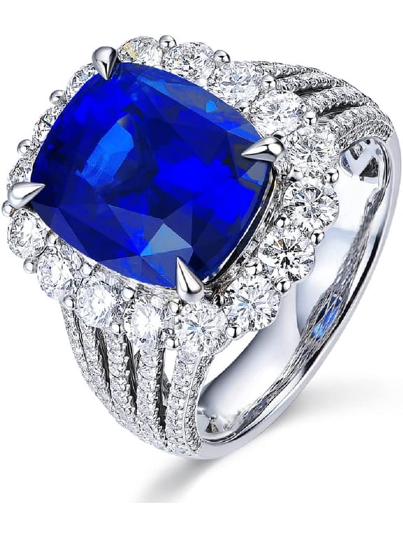 925 Silver Sapphire Ruby Red Emerald Green Stone Women Ring Gemstone Birthstone Halo Statement Engagement Ring Cubic Zirconia CZ Rings for Women Anniversary Open Ring (Blue)