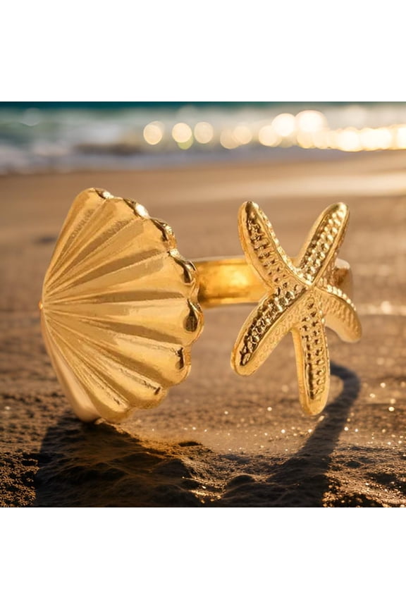 925 Silver Starfish and Shell Open Ring,14k Gold Plated Starfish Ring,Beach Fish Ring,Surfer Ring,Summer Ring,Shell Ring,Ocean starfish Ring