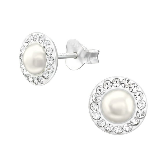925 Silver Stud Earrings with Synthetic Pearl and Crystals