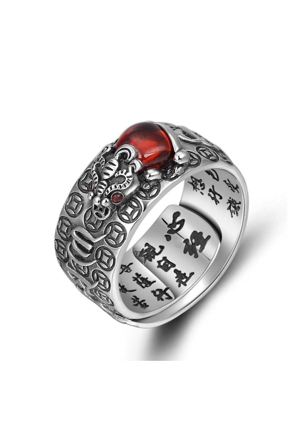 925 Silver Tibetan Six Words Proverb Ring Good Luck Wealth Pixiu Ring Lucky Men's Ring