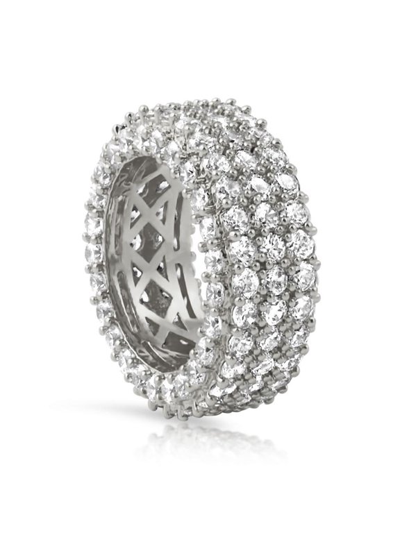 .925 Silver Triple Ice Decker 360 CZ Eternity Hip Hop Ring Band in Rhodium