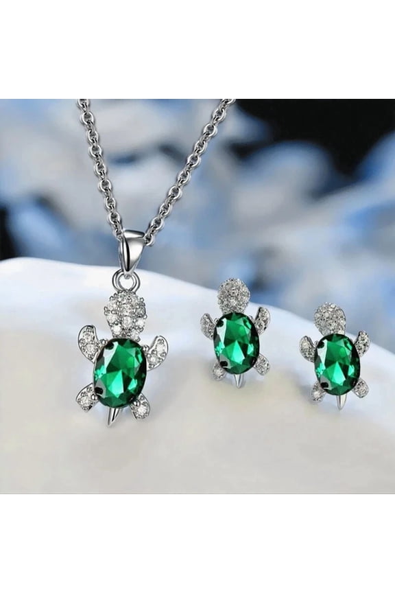 925 Silver Turtle Jewelry Set Necklace & Earring 2cT Oval Cut Simulated Green Emerald 14K White Gold Plated