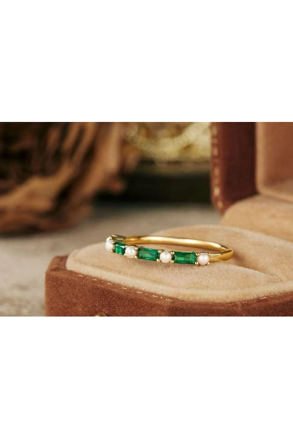 925 Silver Vintage Emerald Pearl Wedding Band ,Baguette Cut Yellow Gold Wedding Ring,Unique Stacking Band,Birthstone Ring,Anniversary Gift,Promise Ring