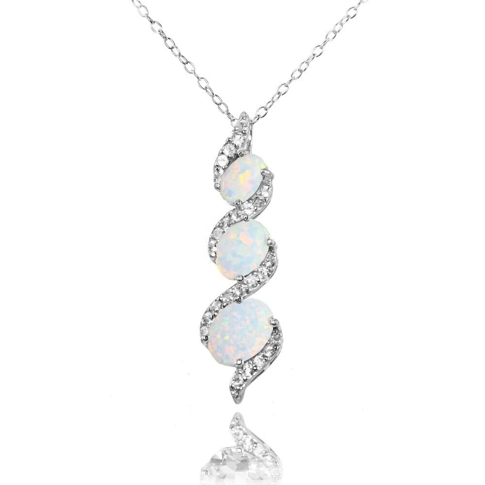 925 Silver White Opal & White Diamond Topaz Oval S Design Three-Stone Necklace