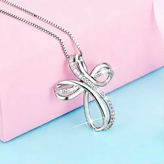 925 Silver Women Cross Shape Necklace Pendant Pretty Cubic Zircon Jewelry