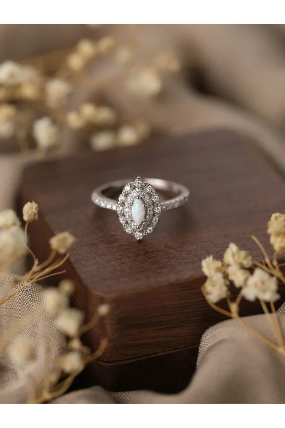 925 Silver Women's Ring Inlaid with Zircon and Opal,Vintage Sweet Style as Wedding Ring