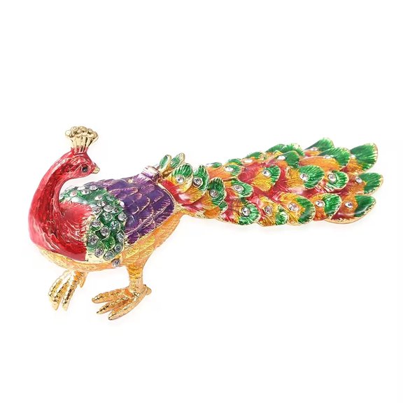 White  Crystal, Enameled Peacock Trinket Box in Goldtone Christmas Gifts