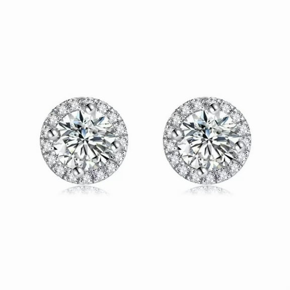 925 Silver with Simulated Diamond Halo Earrings 18K White Gold Plated for Women